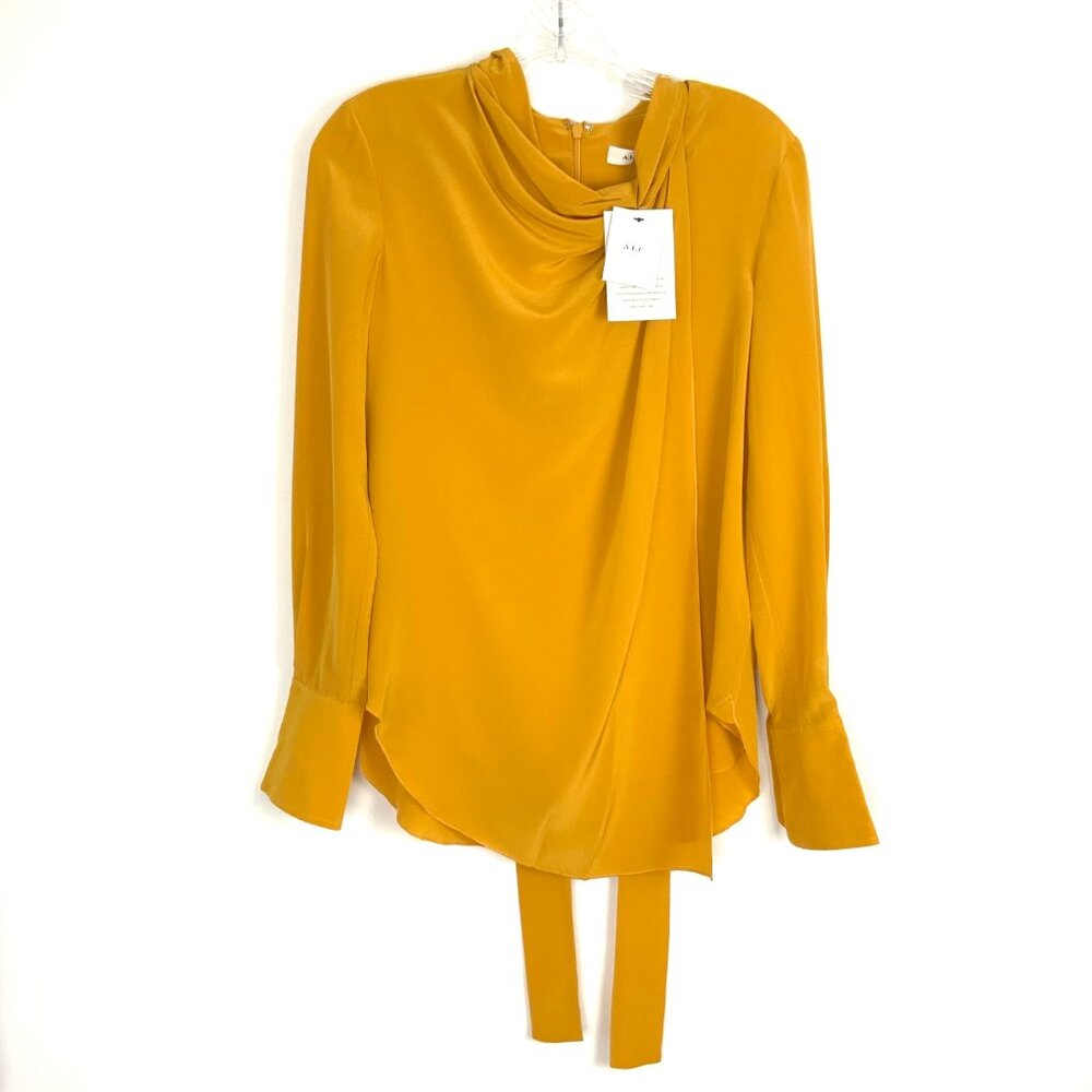 New A.L.C. Sophie 100% Silk Draped Tied Neck Yellow Blouse Sz 0 - 4 - Picture 9 of 16